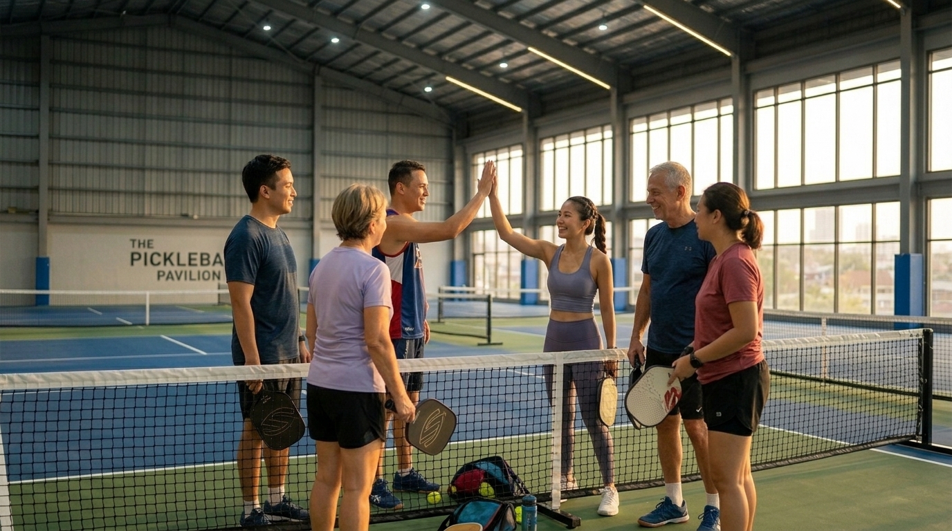 Players playing double pickleball on an indoor court