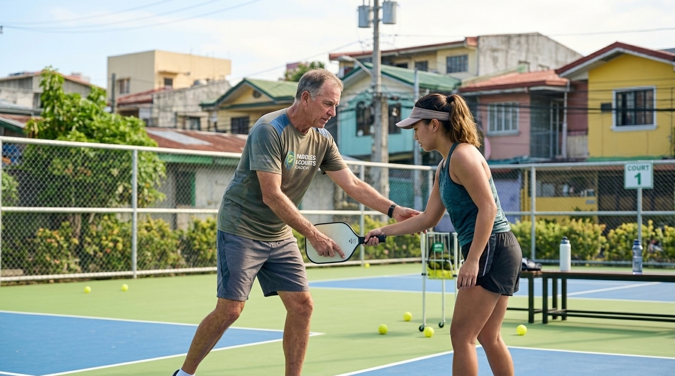 Competitive pickleball game in progress on outdoor court